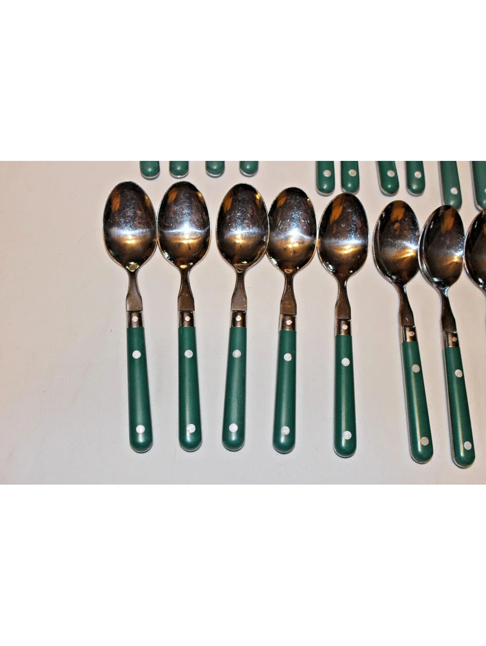 Vintage Mardi Gras Green Handle Stainless Flatware 35 Pc Lot WF China Retro